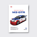 Poster of a BMW E46 M3 GTR with a colorful design on a white background