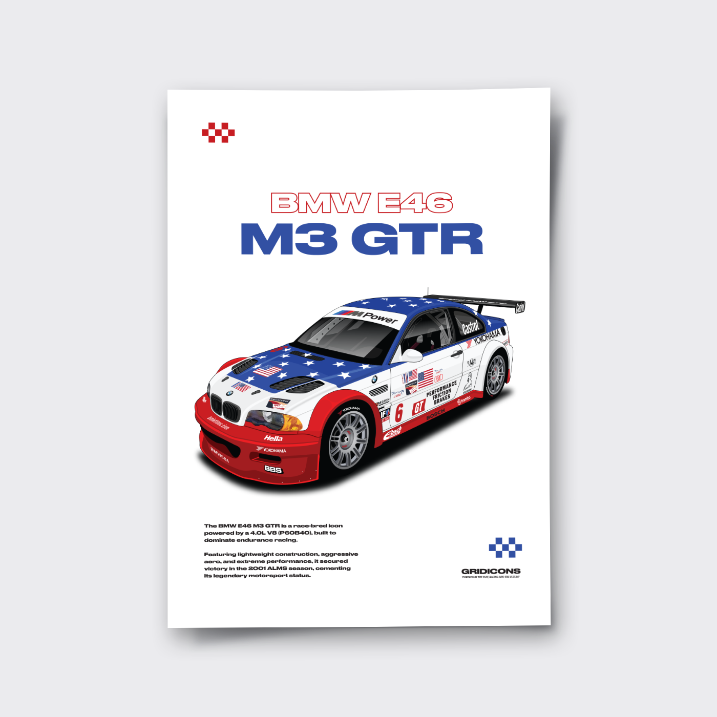 Poster of a BMW E46 M3 GTR with a colorful design on a white background