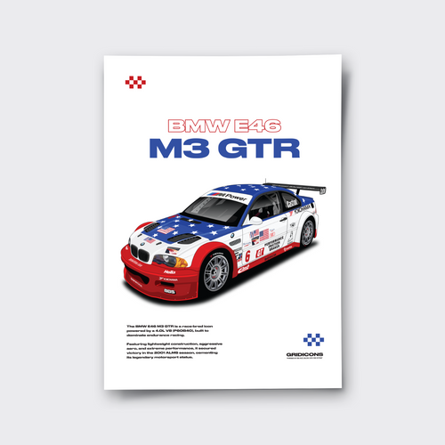 Poster of a BMW E46 M3 GTR with a colorful design on a white background