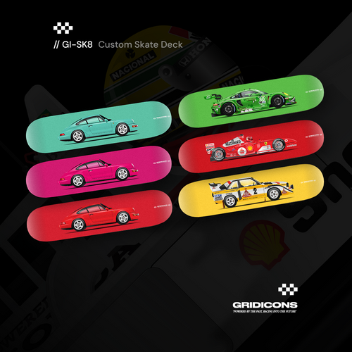Set of custom skate decks with car designs on a dark background, featuring Gridicons branding.