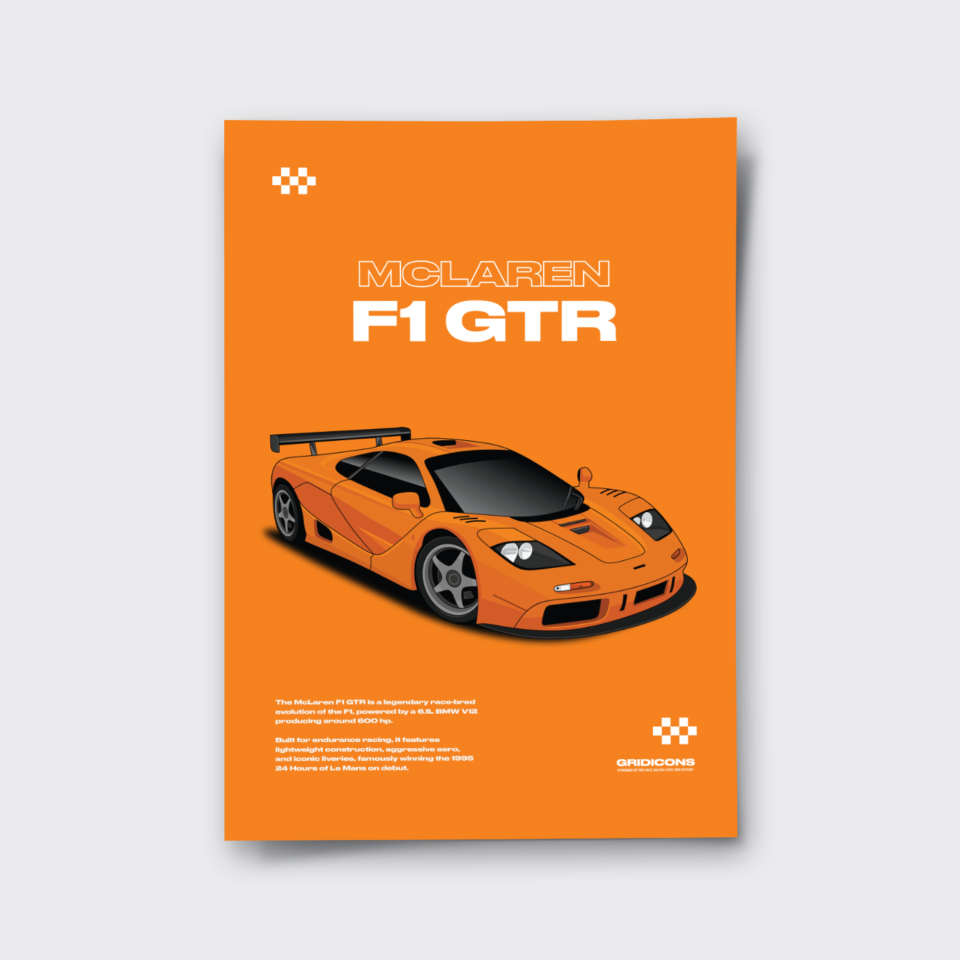Orange poster with McLaren F1 GTR car design on a white background