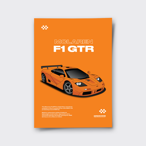 Orange poster with McLaren F1 GTR car design on a white background