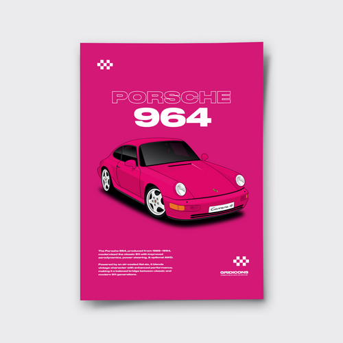 Poster of a pink Porsche 964 on a pink background with 'Porsche' branding.