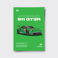 Green poster of a Porsche 911 GT3R race car on a white background
