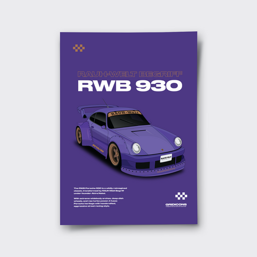 Poster of a purple sports car with 'RWB 930' text on a purple background