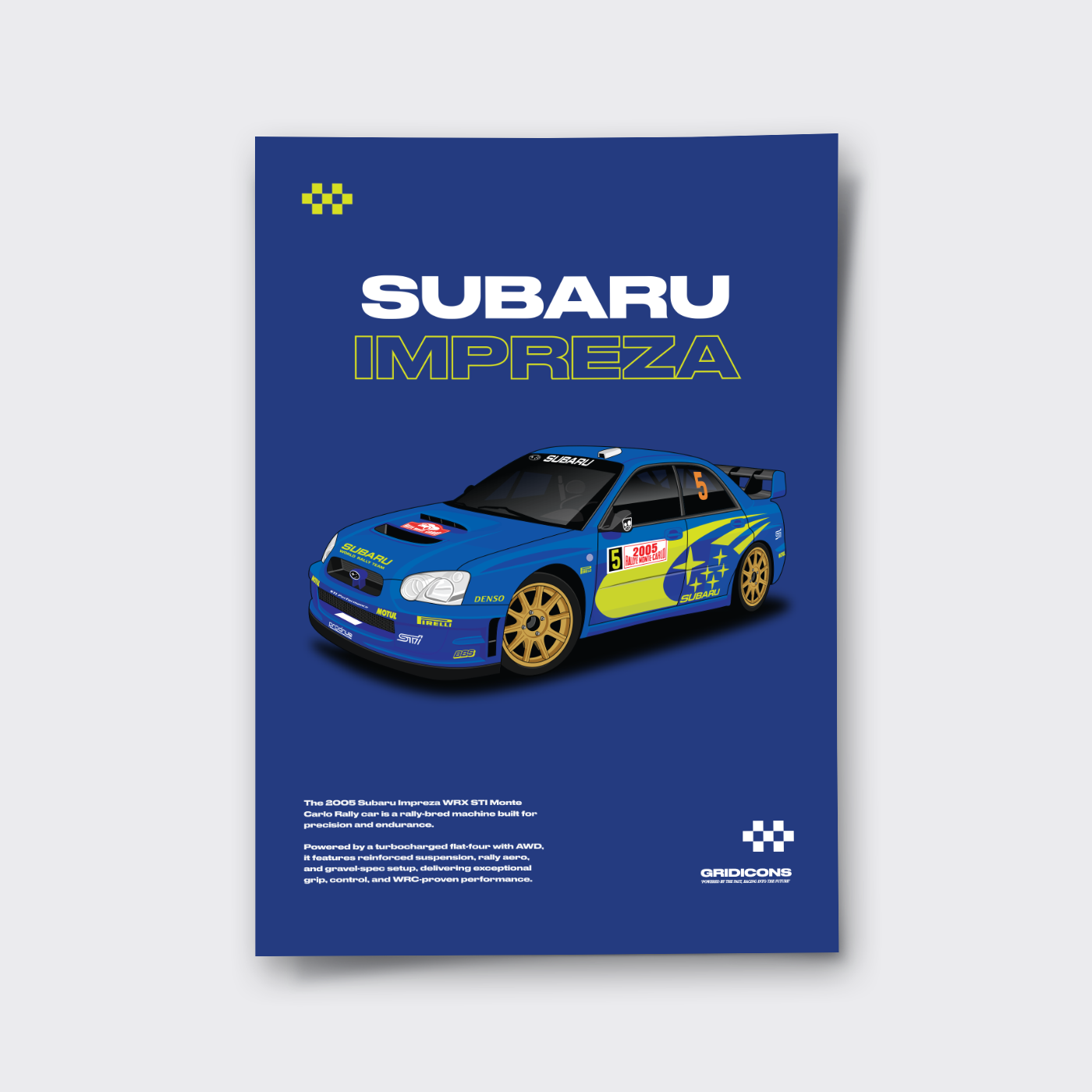Subaru Impreza model car on a blue background with Gridicons branding.