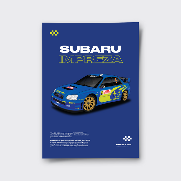 Subaru Impreza model car on a blue background with Gridicons branding.