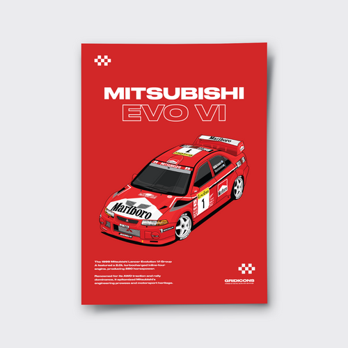 Poster of a red Mitsubishi Evo VI car on a red background