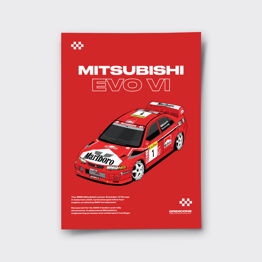 Poster of a red Mitsubishi Evo VI car on a red background