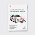 Poster of a race car with 'Castrol' and 'Tom's Supra' branding on a white background