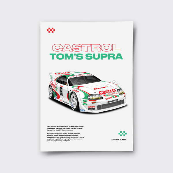 Poster of a race car with 'Castrol' and 'Tom's Supra' branding on a white background