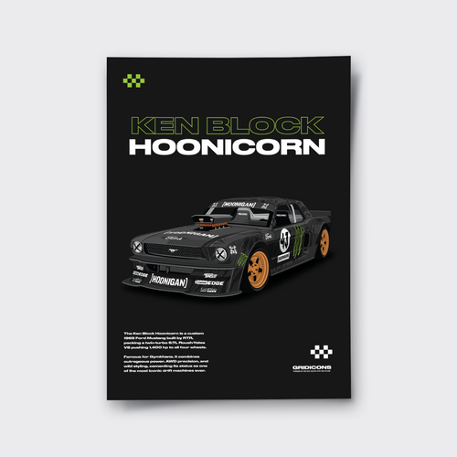 Poster of Ken Block's Hoonicorn on a black background