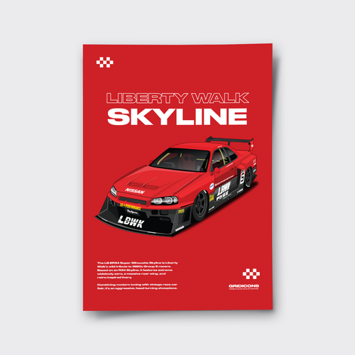 Red poster with a red car illustration and 'Liberty Walk Skyline' text on a white background